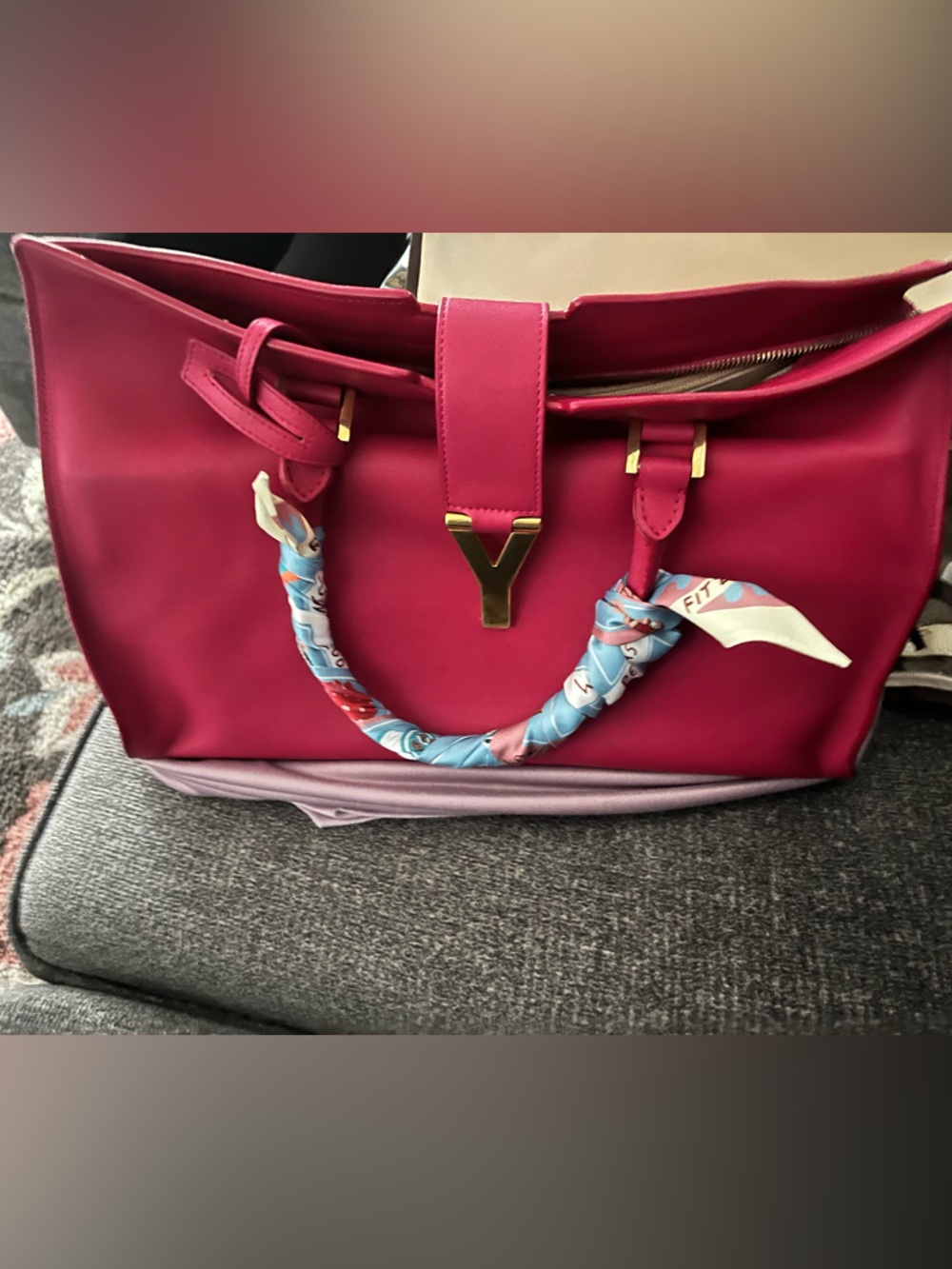 Saint Laurent Fuchsia Leather Tote with Gold Y Accent